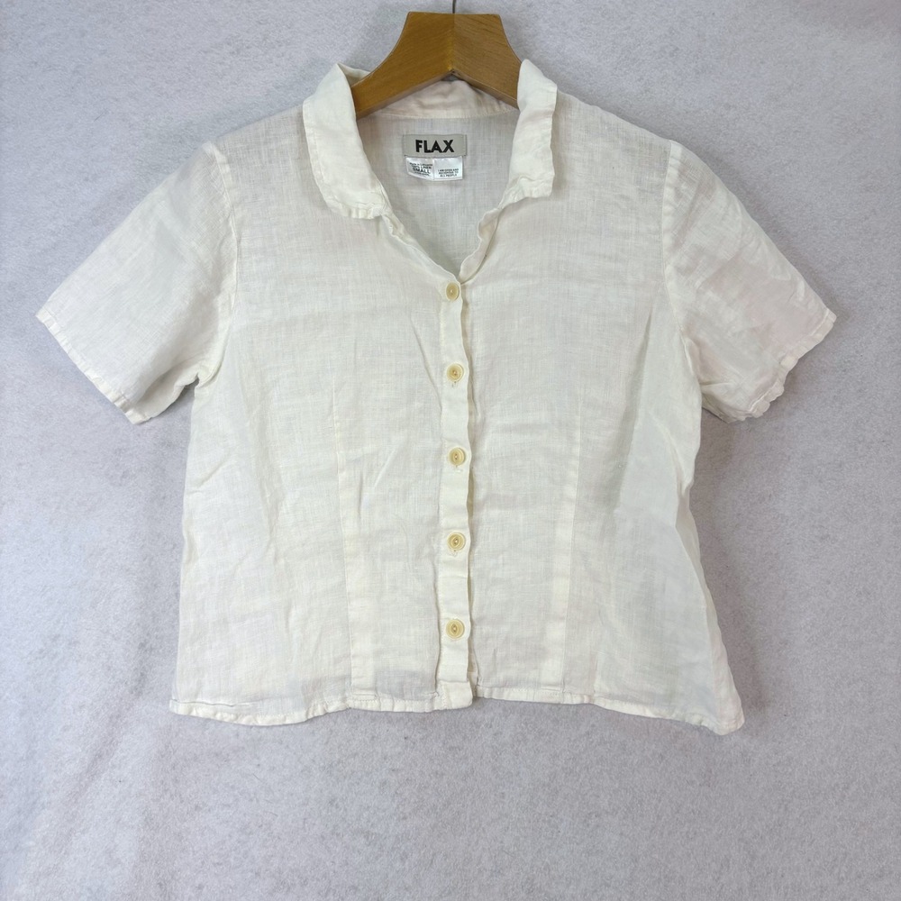 FLAX 100% Linen Short Sleeve Cream Button Down Shirt Sz S Lagenlook Coastal